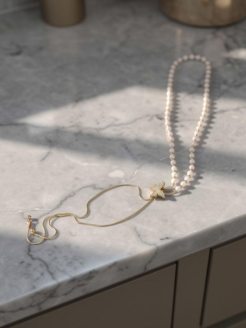Pearl Lariat Necklace | Gold Y Necklace with Butterfly Charm