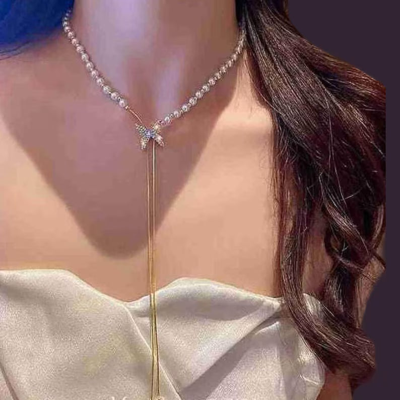 Pearl Lariat Necklace | Gold Y Necklace with Butterfly Charm