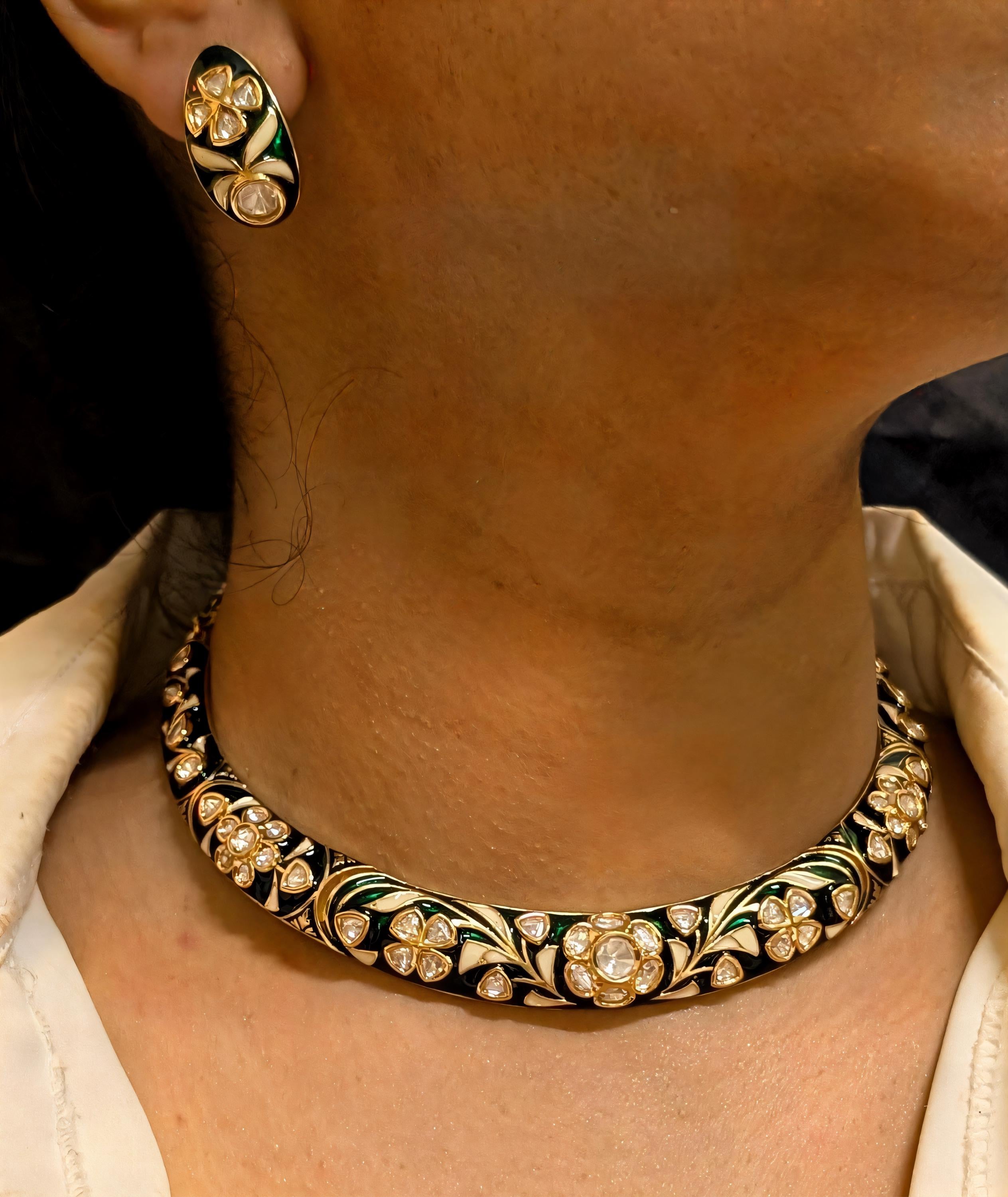 Floral Kundan Choker Hasli Set | Green Meena Indian Festive Necklace