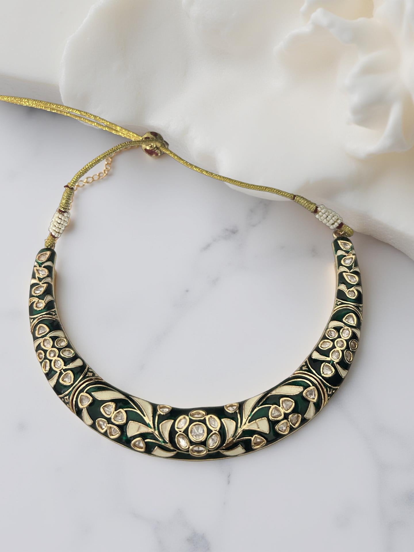 Floral Kundan Choker Hasli Set | Green Meena Indian Festive Necklace