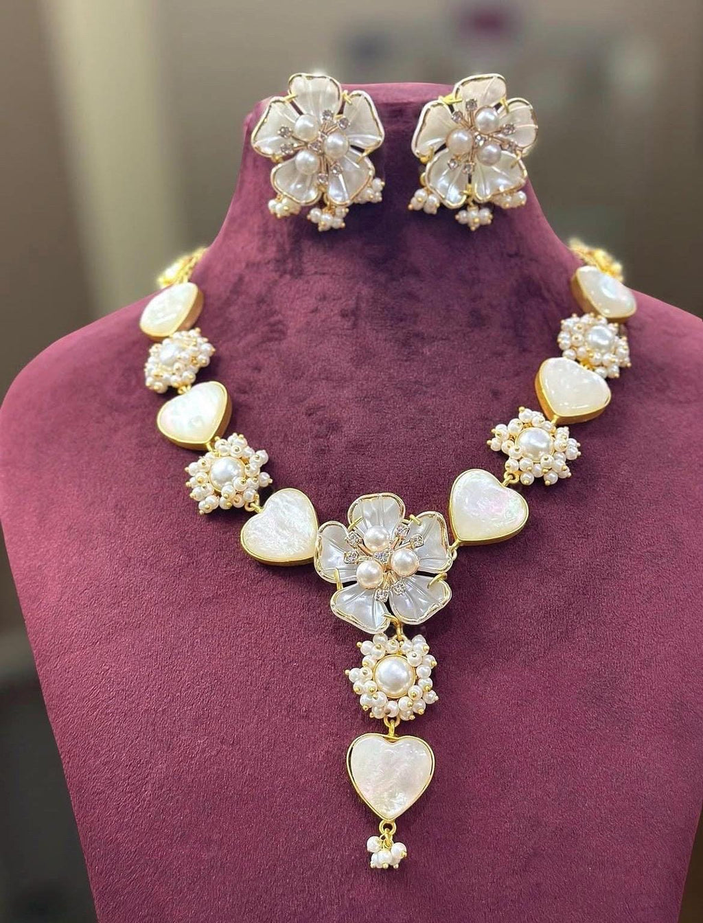 Handmade Mother of Pearl Floral Jewelry Set | Bridal Wedding Necklace & Earrings