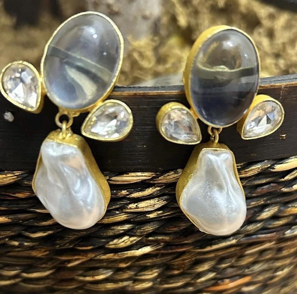 Gold Plated Baroque Pearl Necklace Set | Blue Cabochon Statement Jewelry