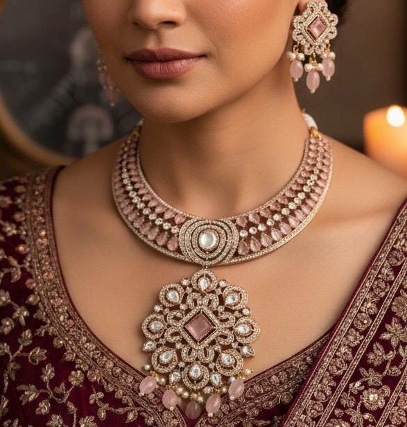 Kundan Polki Necklace Set with Earrings | Blush Pink Statement Indian Jewelry | Wedding & Festive Wear