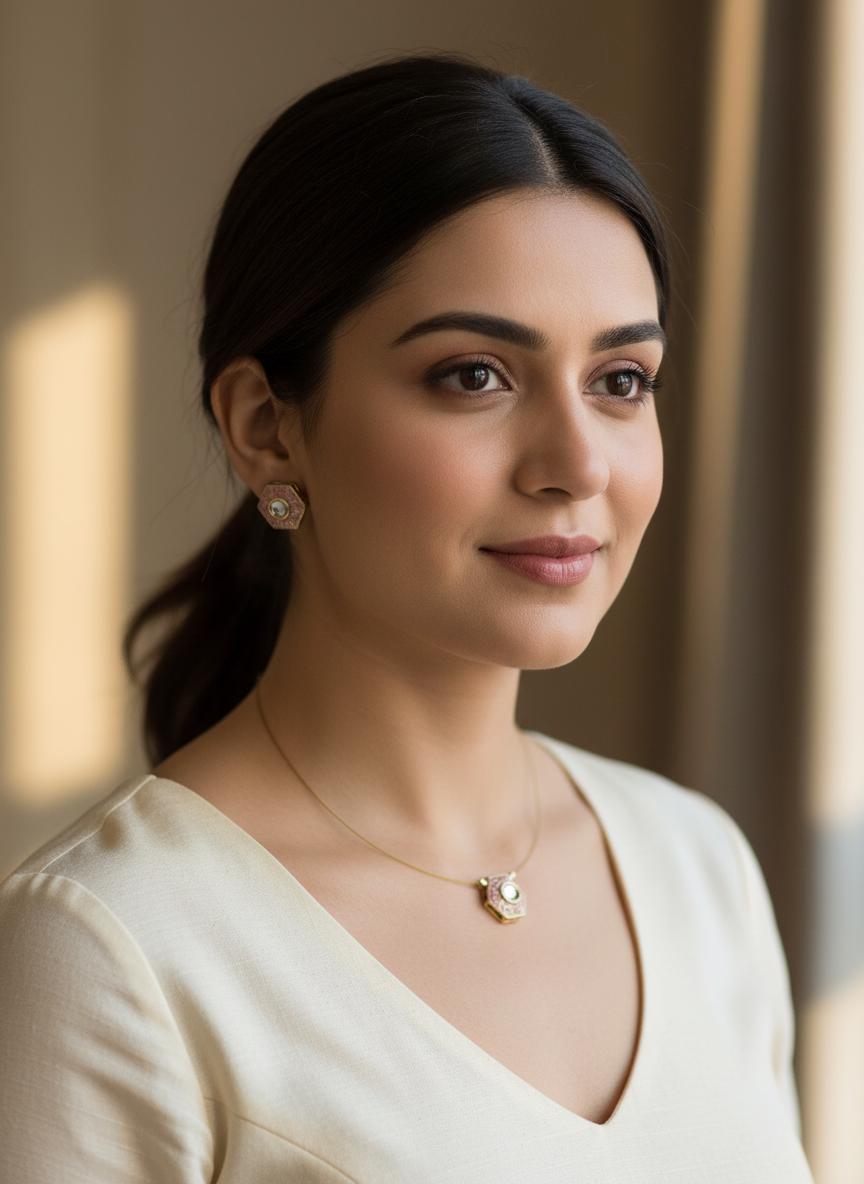 Floating Hexagon Necklace Set | Handmade Pendant & Stud Earrings