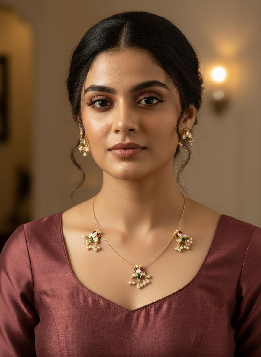 Invisible Kundan Necklace Set with Pearl Drops | Minimal Indian Jewelry | Floating Necklace & Stud Earrings |