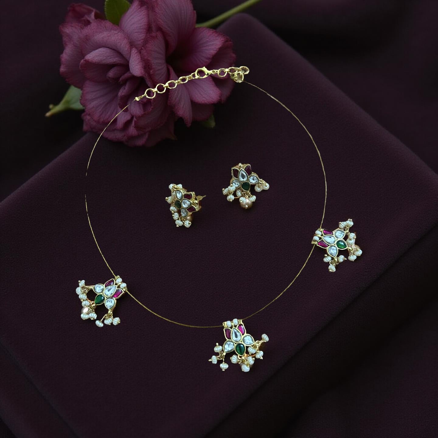 Invisible Kundan Necklace Set with Pearl Drops | Minimal Indian Jewelry | Floating Necklace & Stud Earrings |