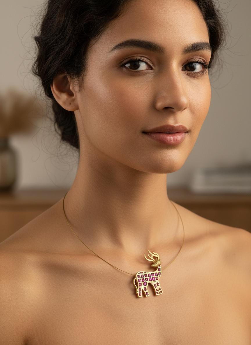 Ruby Kundan Deer Pendant Necklace | Invisible Wire, Indian Jewelry