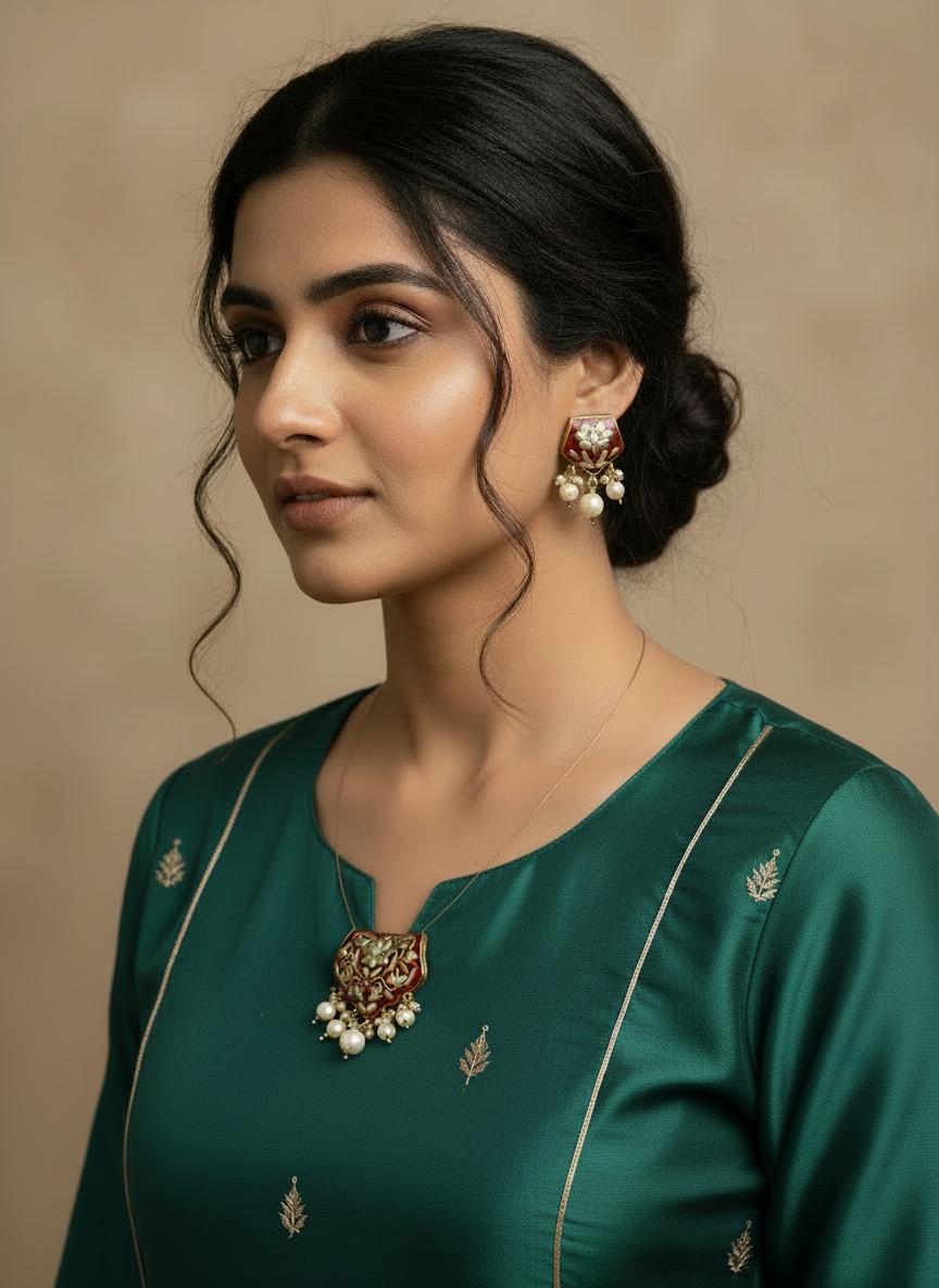 Meenakari Pendant Necklace Set | Floating Wire, Indian Jewelry