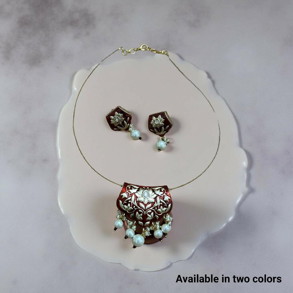 Meenakari Pendant Necklace Set | Floating Wire, Indian Jewelry