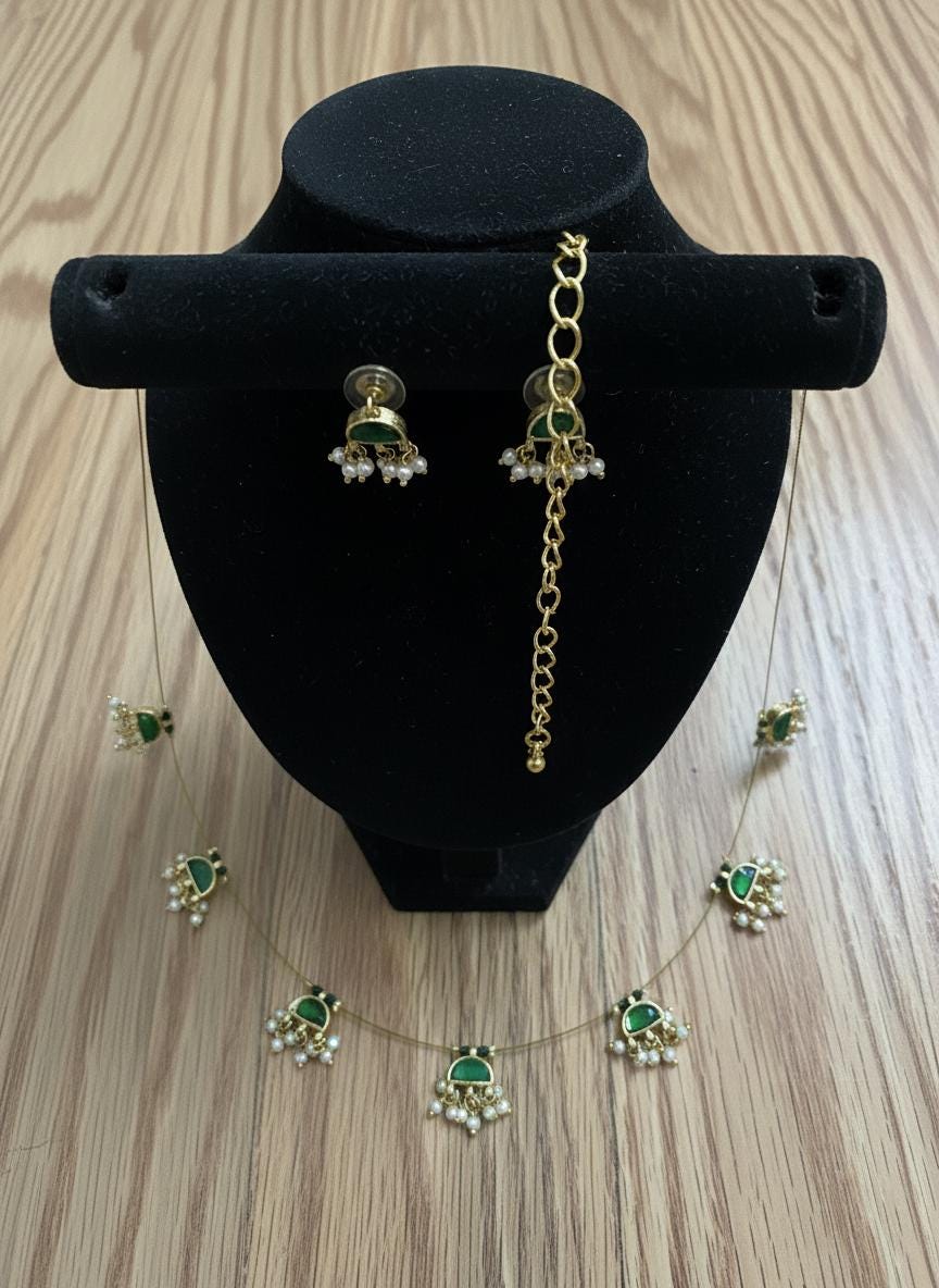 Kundan Necklace Set | Emerald Green, Pearl Drops, Indian Jewelry