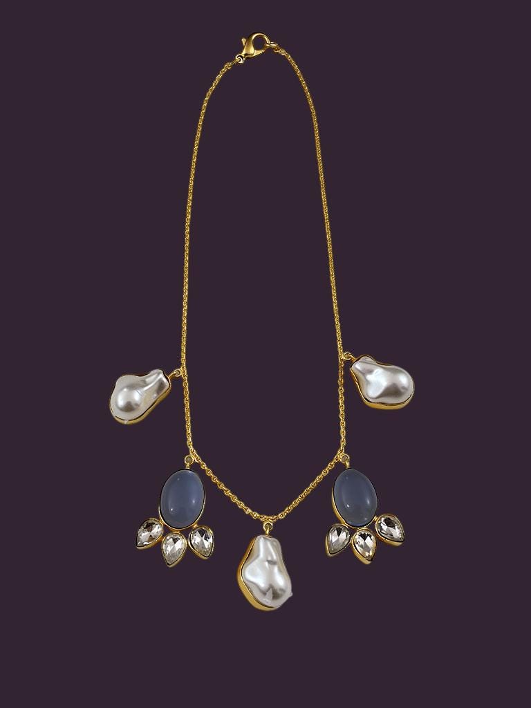 Gold Plated Baroque Pearl Necklace Set | Blue Cabochon Statement Jewelry