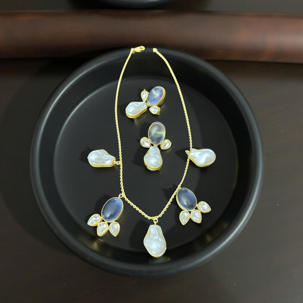 Gold Plated Baroque Pearl Necklace Set | Blue Cabochon Statement Jewelry
