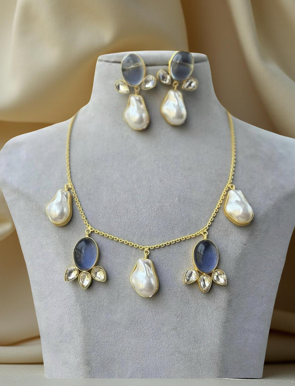 Gold Plated Baroque Pearl Necklace Set | Blue Cabochon Statement Jewelry