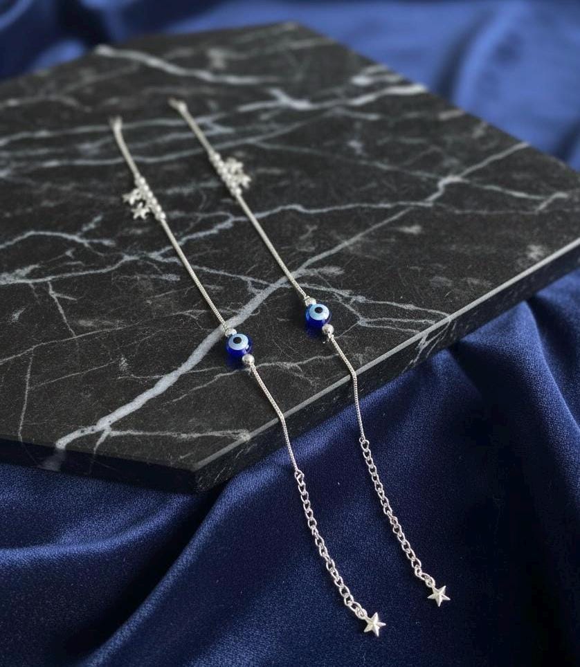 Silver Evil Eye Anklet | Dainty Nazar Charm, Adjustable Chain