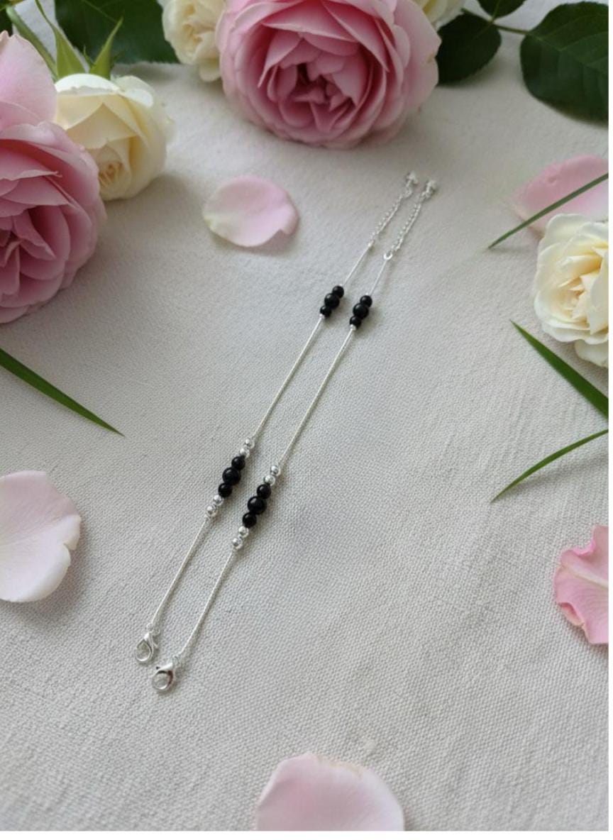 Handmade Silver Anklet with Black Beads | Adjustable Boho Ankle Bracelet