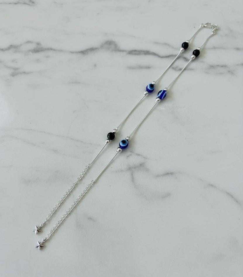 Evil Eye Anklet | Silver Beaded Chain, Adjustable Protection Jewelry
