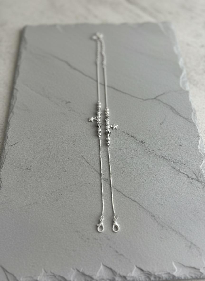Silver Star Charm Anklet | Dainty Beaded Snake Chain, Adjustable