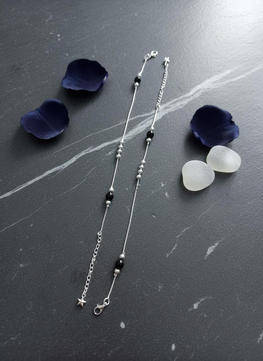 Minimal Silver & Black Bead Anklet | Handmade Adjustable Anklet | Everyday Elegant Jewelry