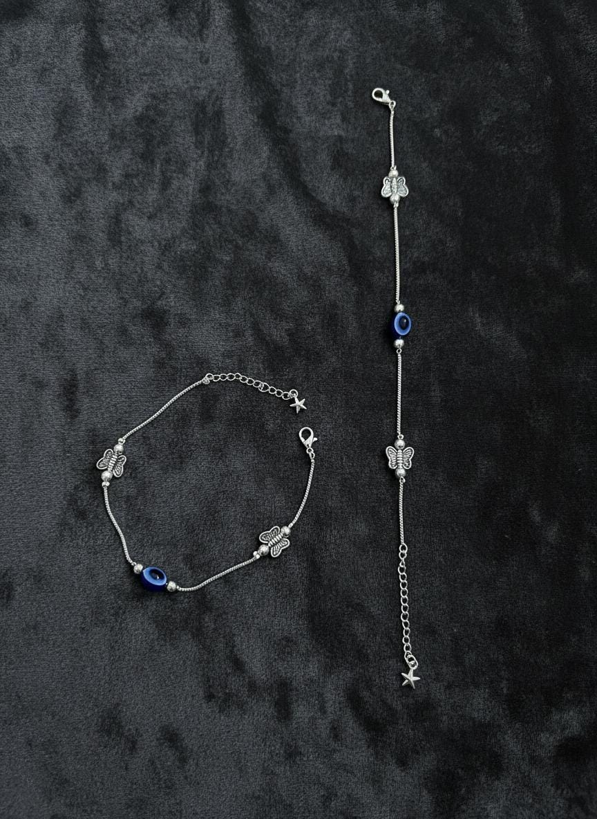 Handmade Evil Eye Butterfly Anklet | Silver Charm Ankle Bracelet