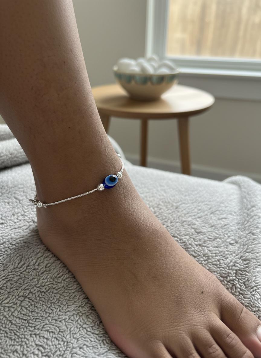 Handmade Evil Eye Butterfly Anklet | Silver Charm Ankle Bracelet