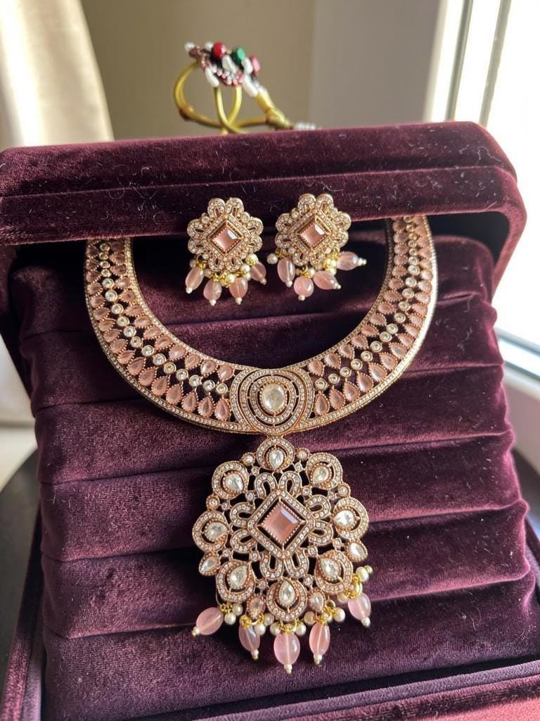 Kundan Polki Necklace Set with Earrings | Blush Pink Statement Indian Jewelry | Wedding & Festive Wear