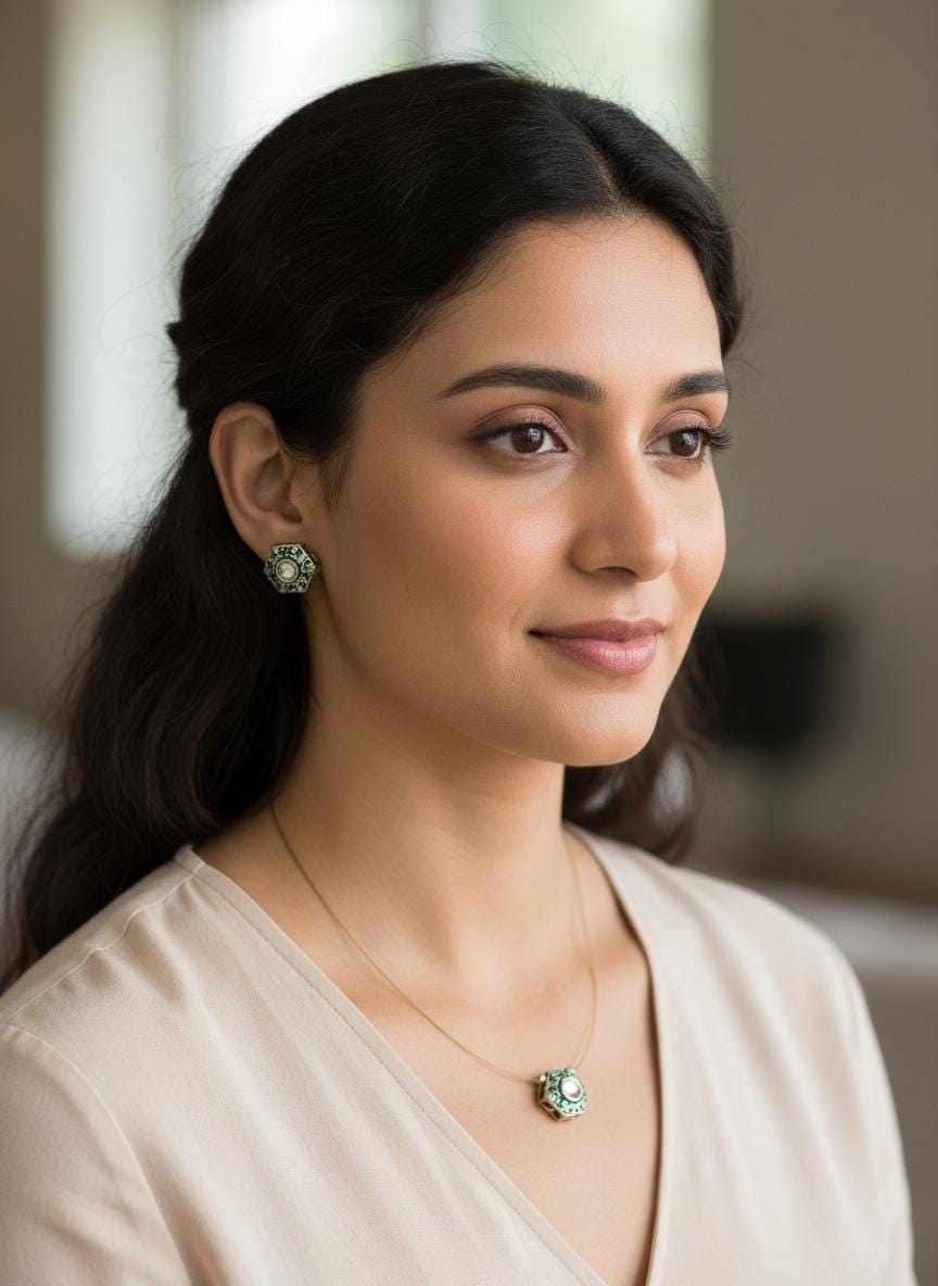 Floating Hexagon Necklace Set | Handmade Pendant & Stud Earrings