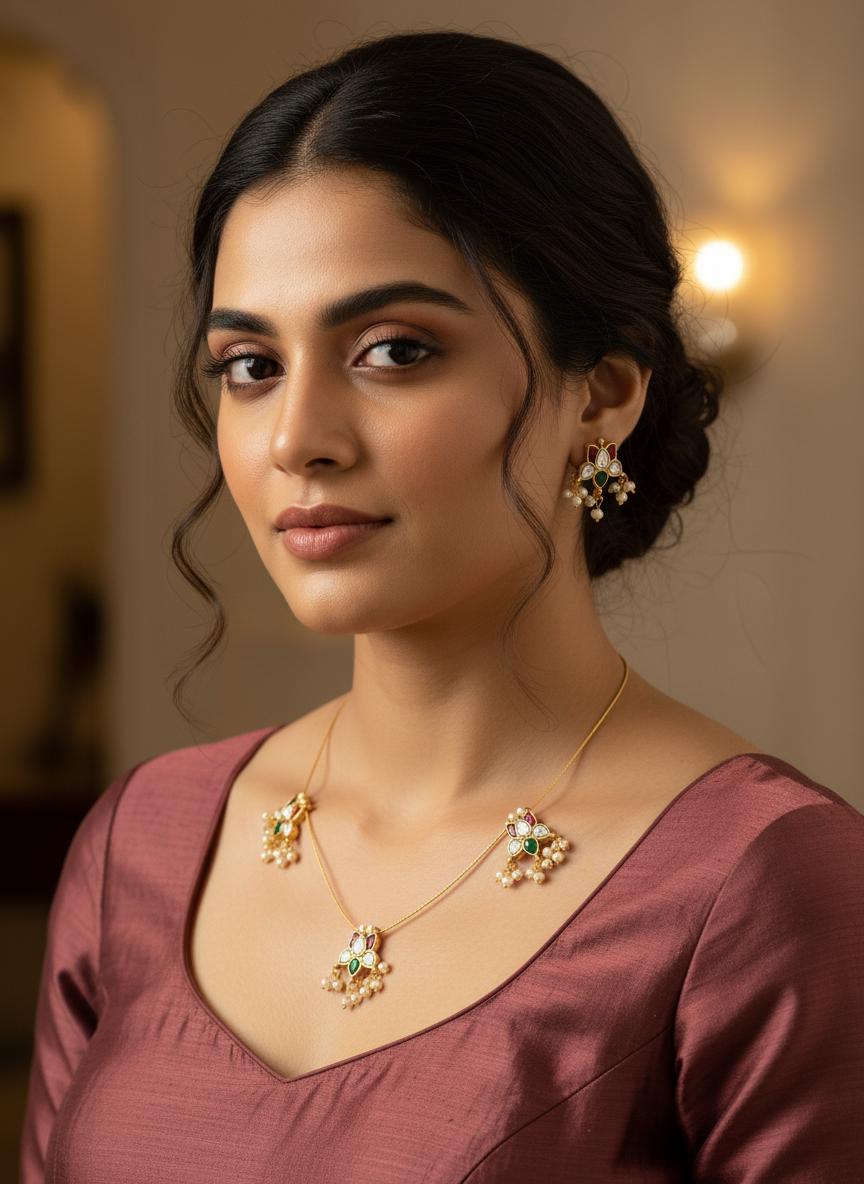 Invisible Kundan Necklace Set with Pearl Drops | Minimal Indian Jewelry | Floating Necklace & Stud Earrings |