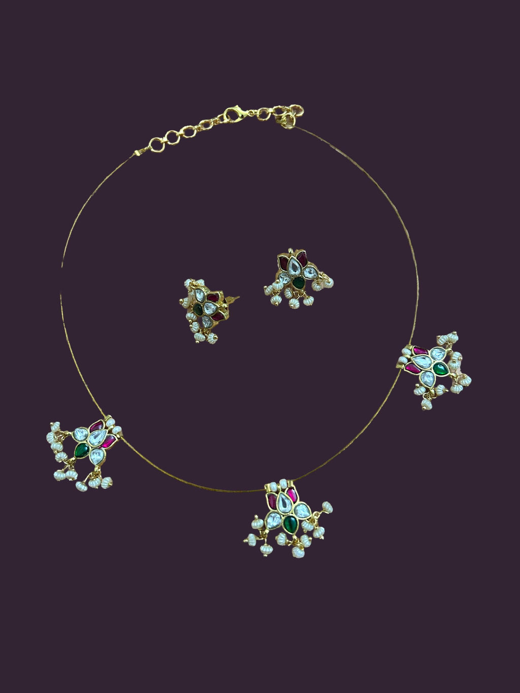 Invisible Kundan Necklace Set with Pearl Drops | Minimal Indian Jewelry | Floating Necklace & Stud Earrings |