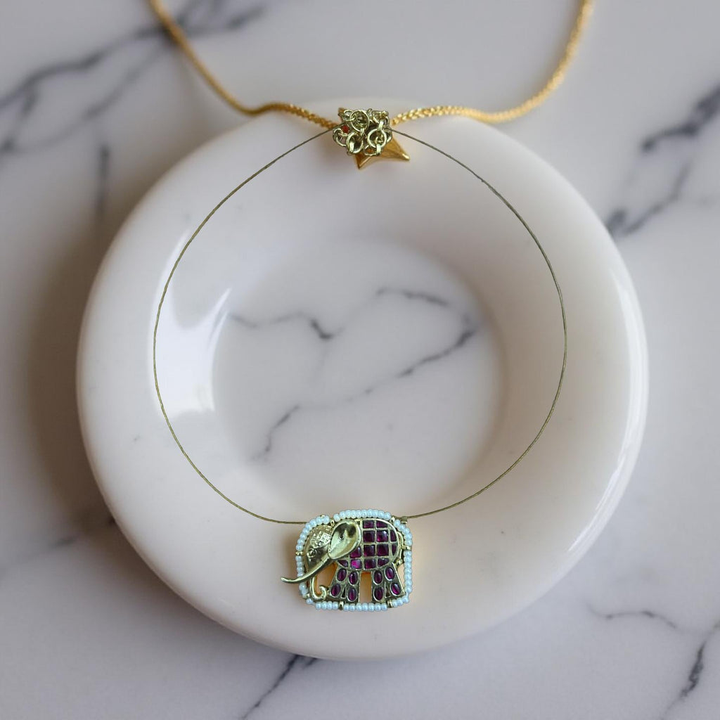 Elephant Kundan Necklace | Minimal Indian Jewelry | Floating Necklace| Ruby Stone Pendant