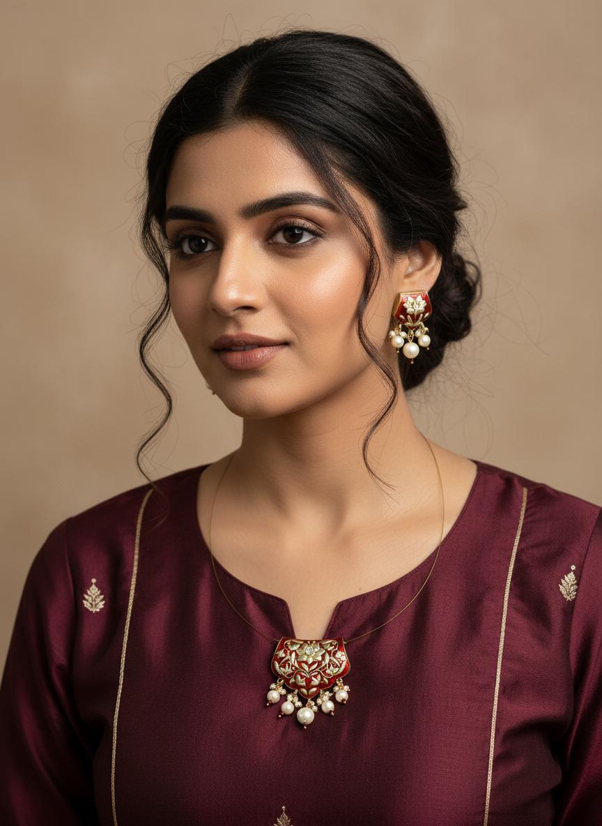 Meenakari Pendant Necklace Set | Floating Wire, Indian Jewelry