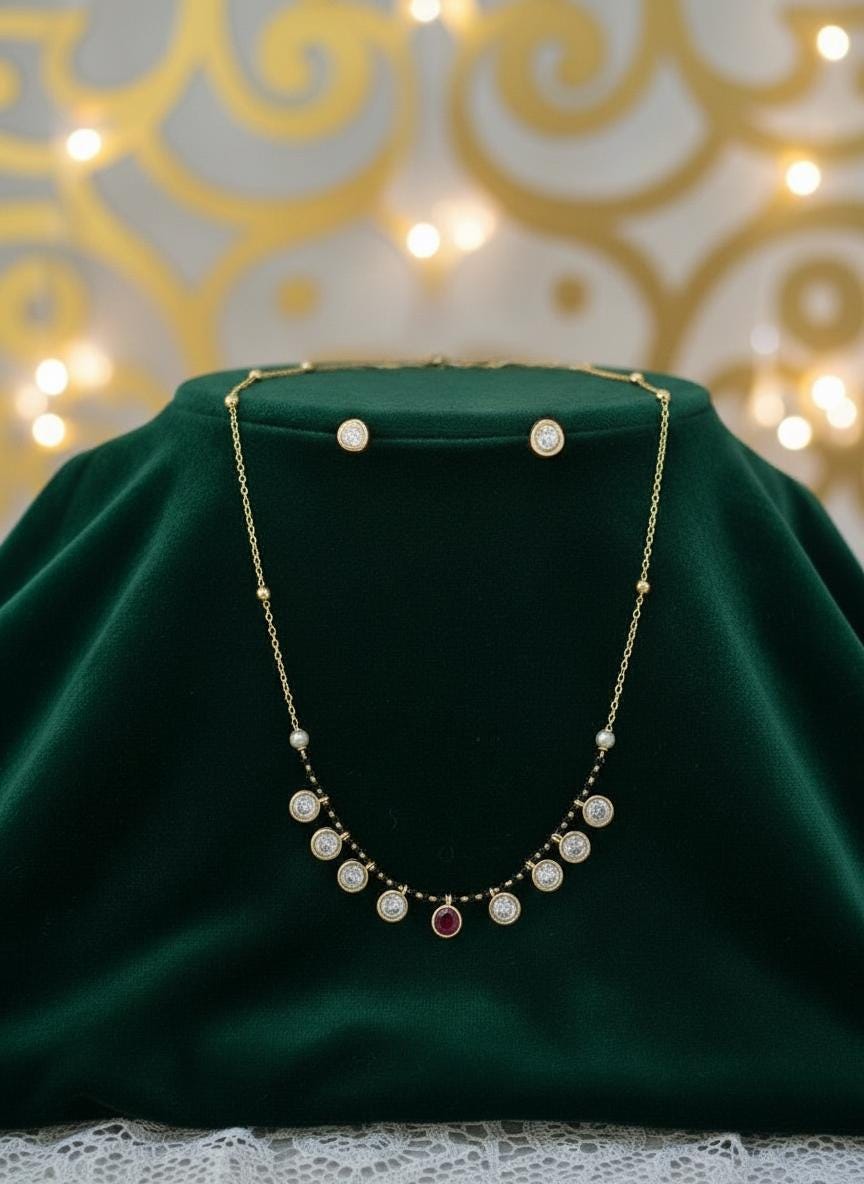 Gold CZ Necklace Set | Minimal Black Beads, Mangalsutra Style