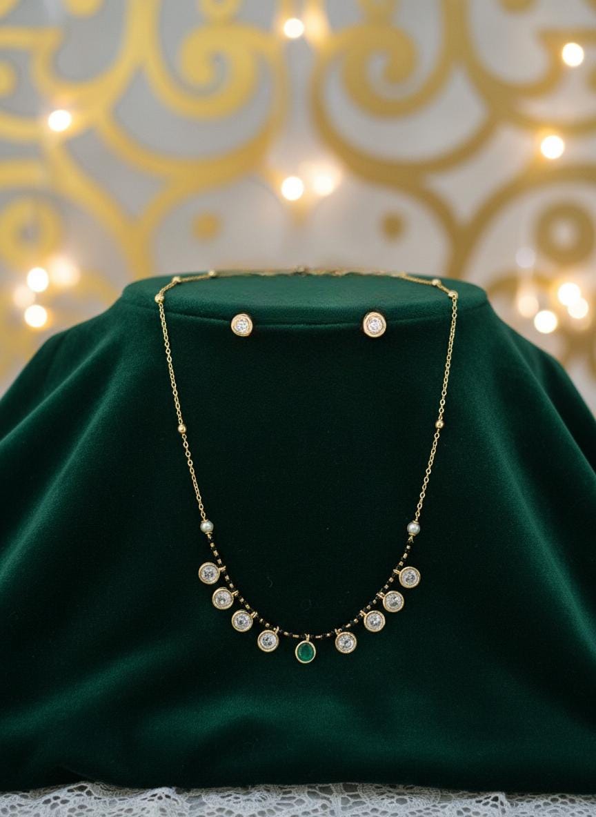 Gold CZ Necklace Set | Minimal Black Beads, Mangalsutra Style