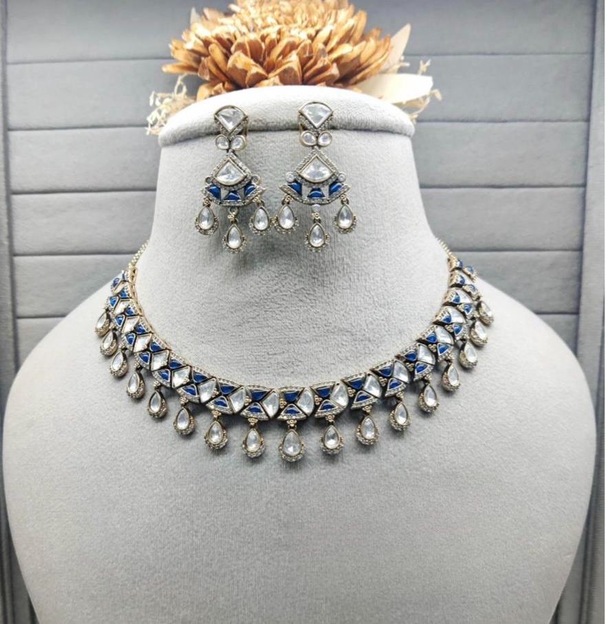 Kundan Polki Choker Necklace Set | Gold Finish Indian Bridal Jewelry| Wine Red Navy Blue and Green