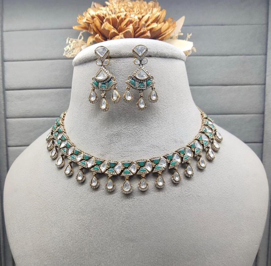 Kundan Polki Choker Necklace Set | Gold Finish Indian Bridal Jewelry| Wine Red Navy Blue and Green