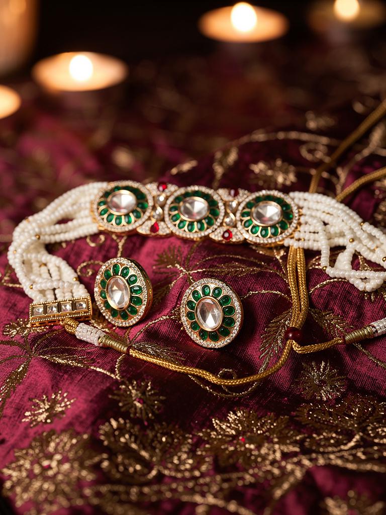 Emerald Kundan Choker Necklace Set with Stud Earrings | Indian Bridal Jewelry | Festive Ethnic Set