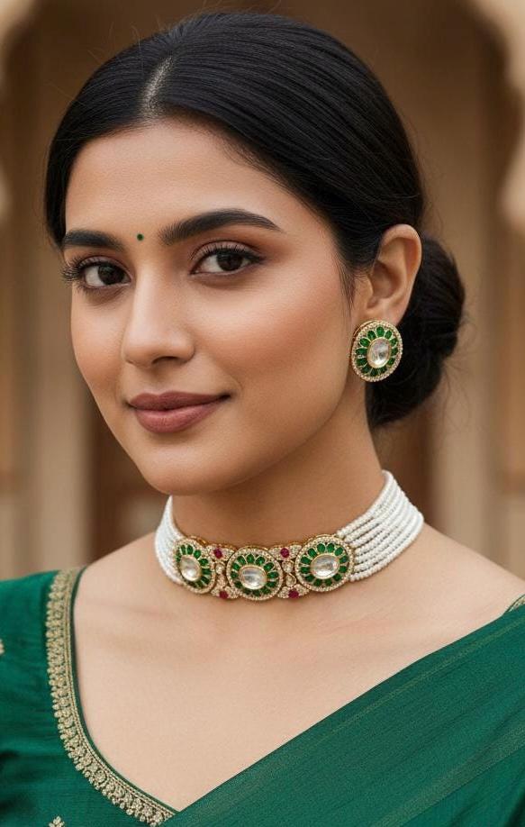 Emerald Kundan Choker Necklace Set with Stud Earrings | Indian Bridal Jewelry | Festive Ethnic Set