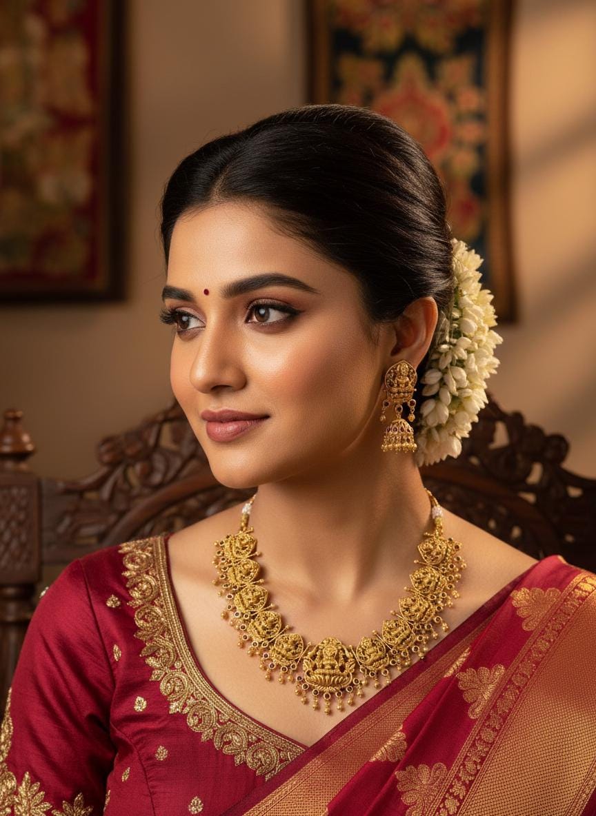 Lakshmi Temple Necklace Set | Antique Gold Jhumka Earrings, South Indian Bridal Jewelry