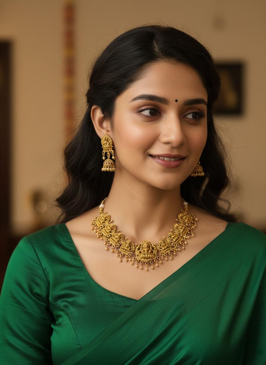 Lakshmi Temple Necklace Set | Antique Gold Jhumka Earrings, South Indian Bridal Jewelry