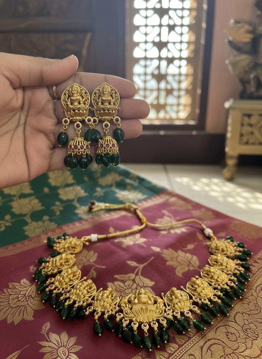 Lakshmi Temple Necklace Set | Antique Gold Jhumka Earrings, South Indian Bridal Jewelry