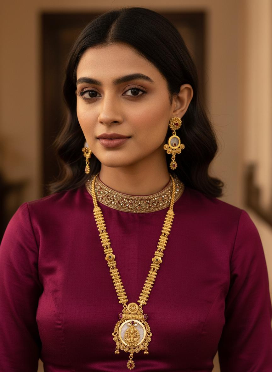Goddess Lakshmi Pendant Necklace Set | Antique Gold South Indian Jewelry