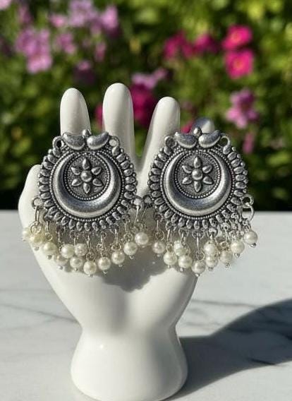 Oxidized Silver Jhumka Earrings | Vintage Indian Pearl Danglers