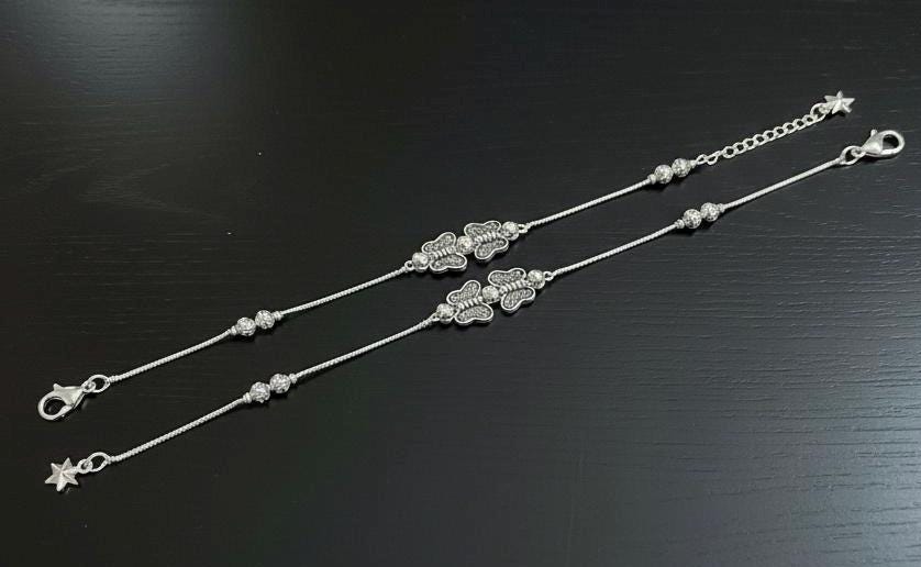 Dainty Silver Butterfly Anklet | Minimalist Beaded Ankle Bracelet