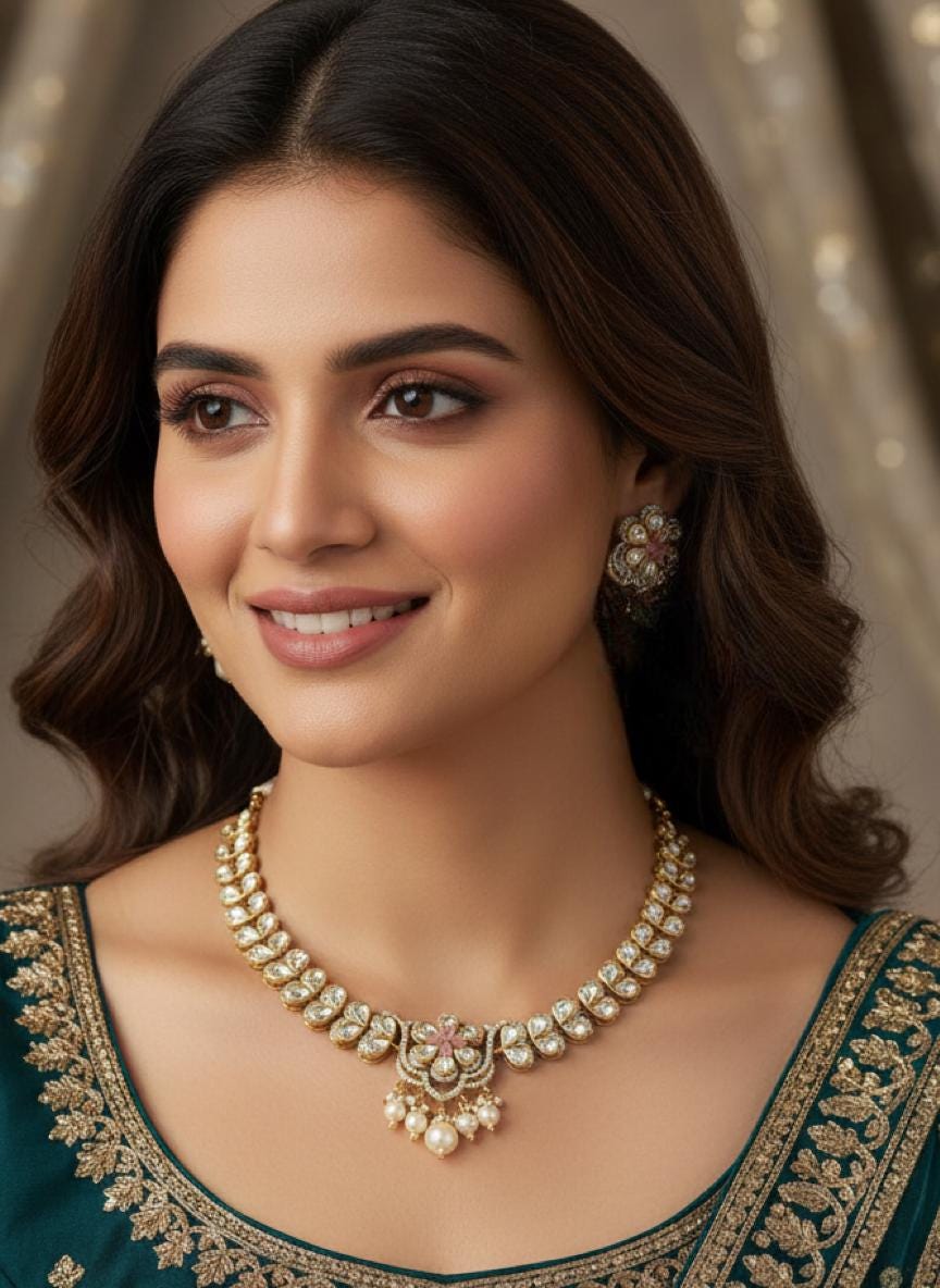 Pink Kundan Necklace Set | Floral Indian Bridal Jewelry