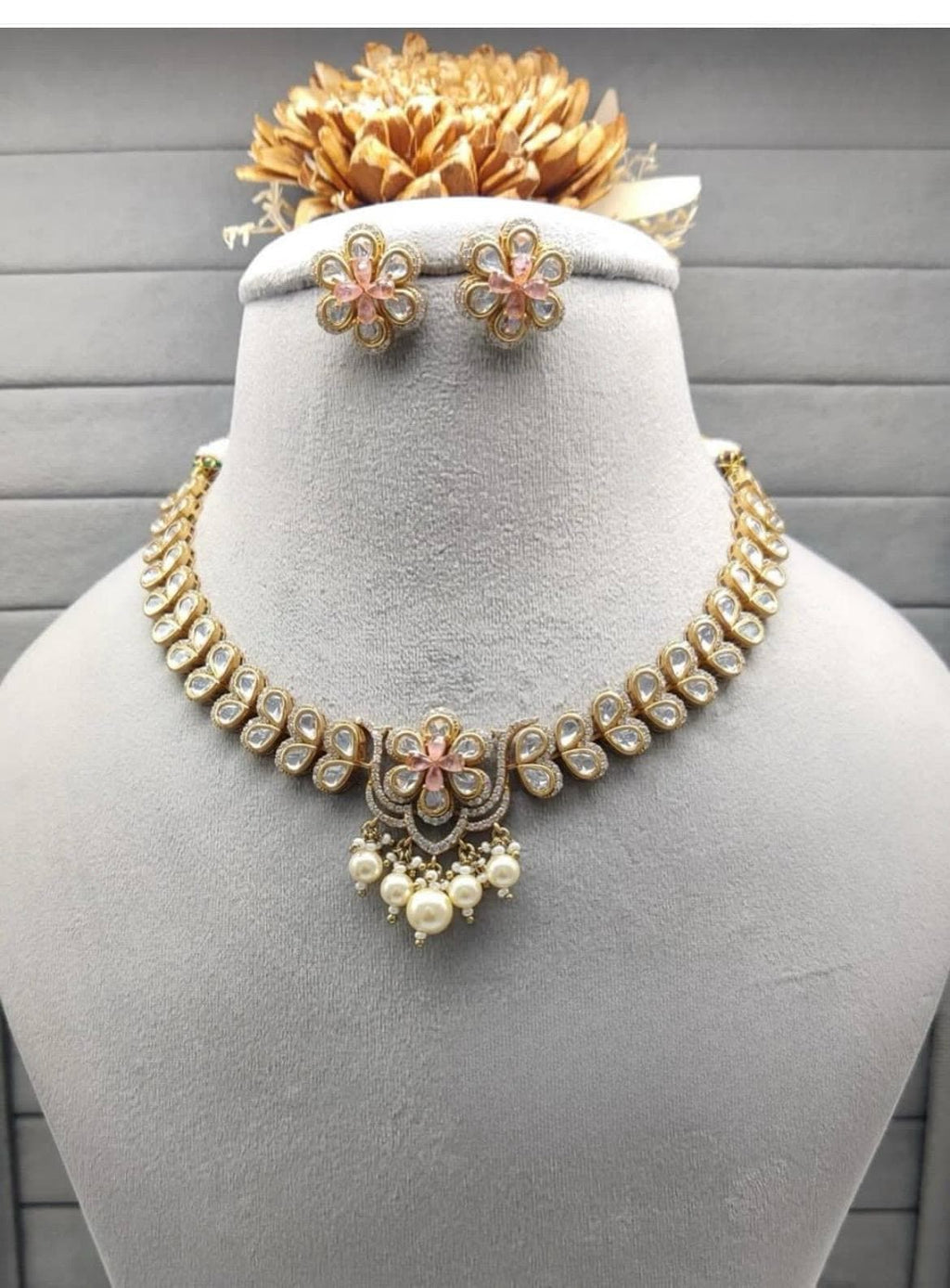 Pink Kundan Necklace Set | Floral Indian Bridal Jewelry
