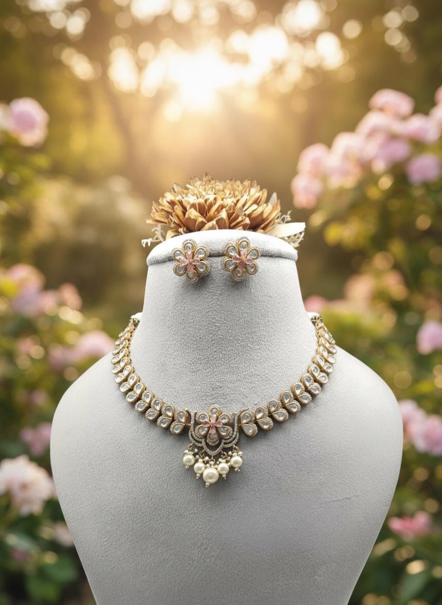 Pink Kundan Necklace Set | Floral Indian Bridal Jewelry