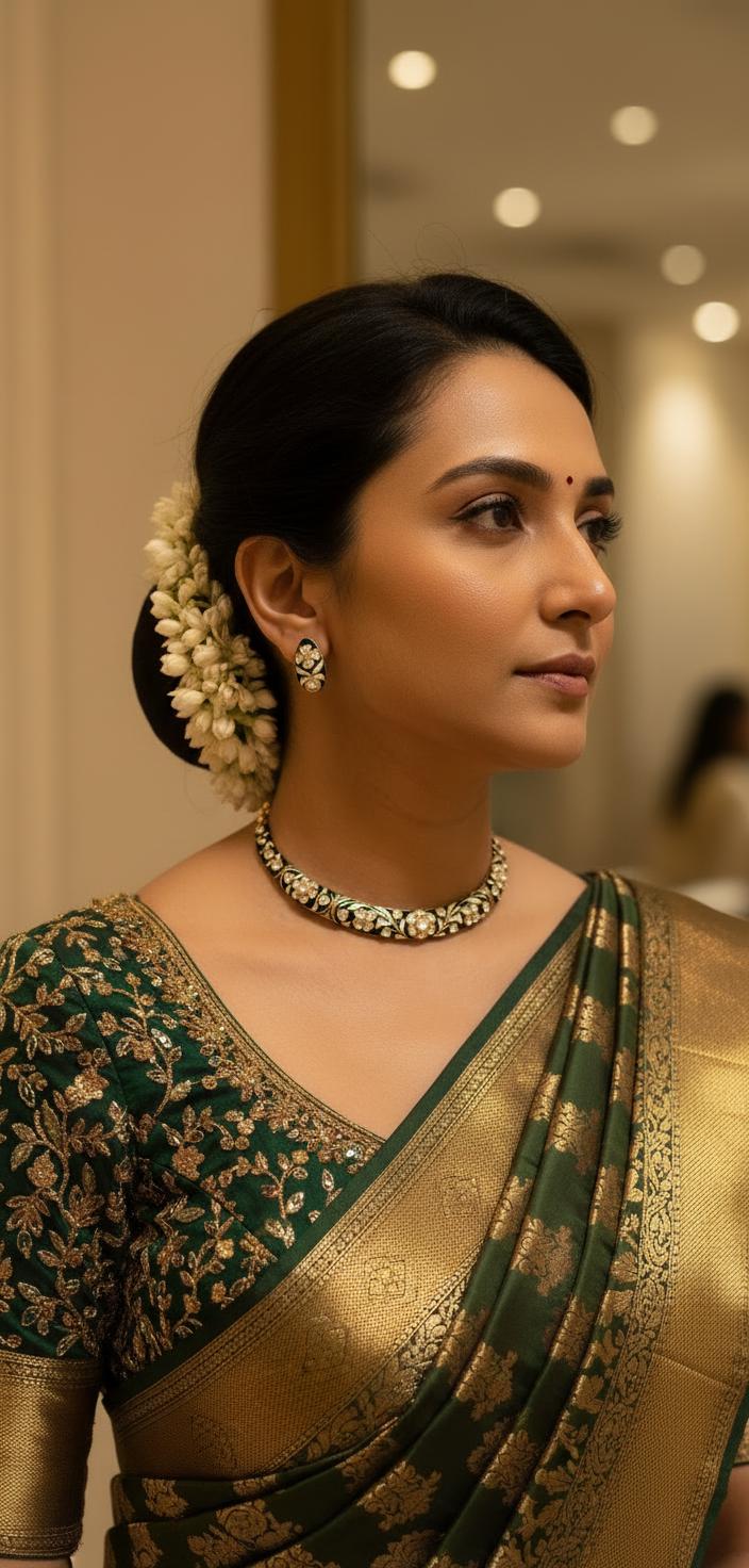 Floral Kundan Choker Hasli Set | Green Meena Indian Festive Necklace