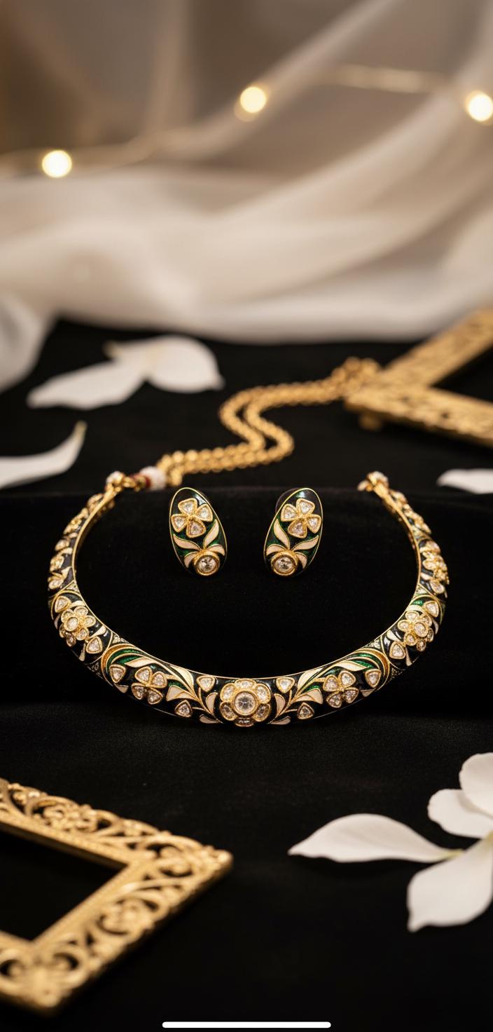 Floral Kundan Choker Hasli Set | Green Meena Indian Festive Necklace