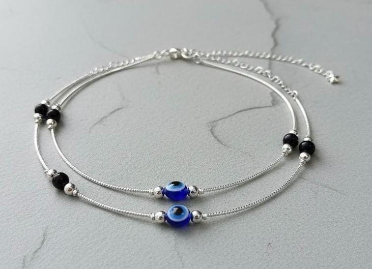 Evil Eye Anklet | Silver Beaded Chain, Adjustable Protection Jewelry