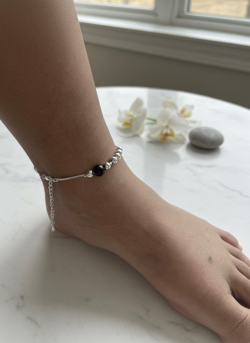Minimal Silver & Black Bead Anklet | Handmade Adjustable Anklet | Everyday Elegant Jewelry