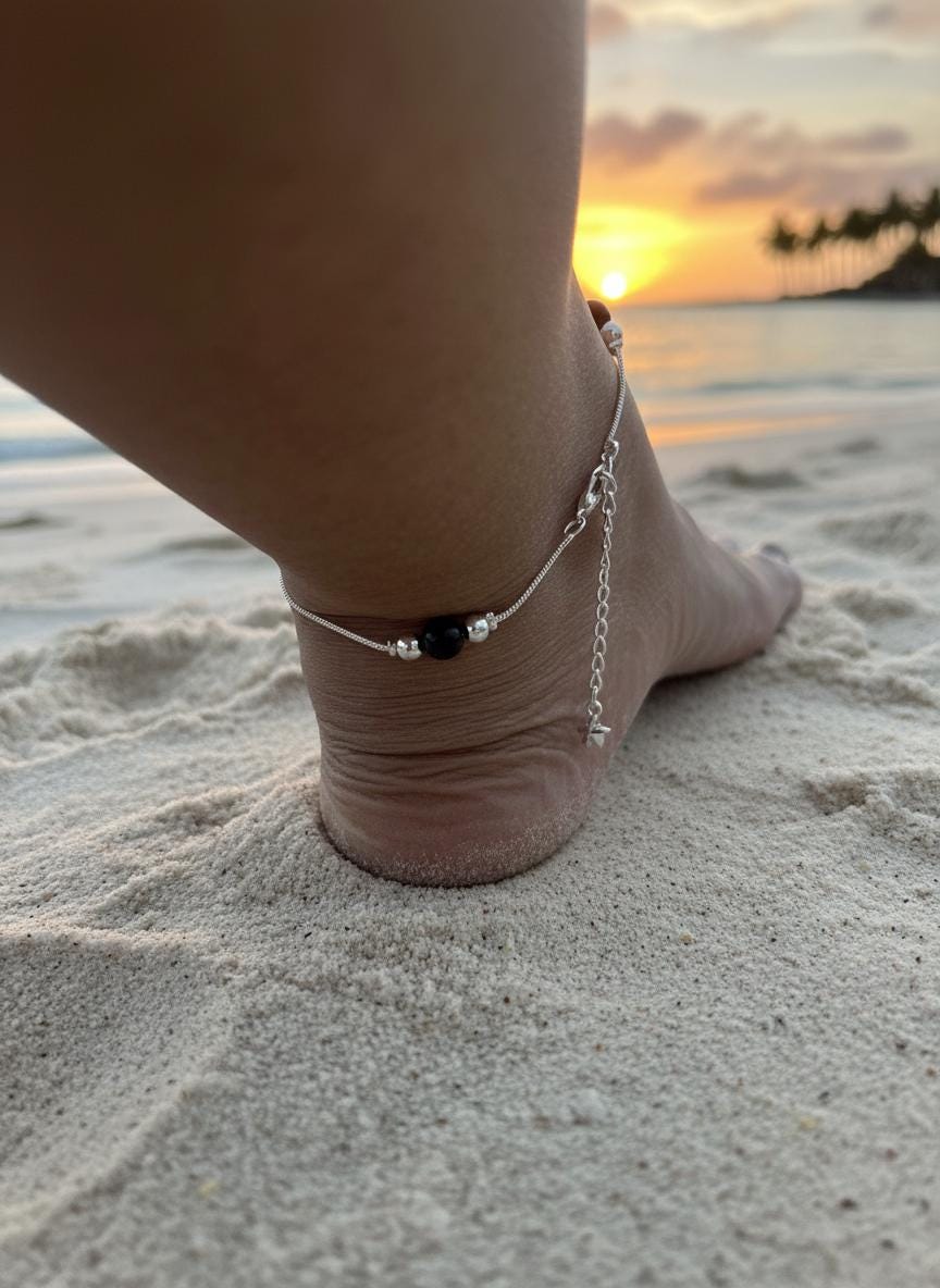 Minimal Silver & Black Bead Anklet | Handmade Adjustable Anklet | Everyday Elegant Jewelry